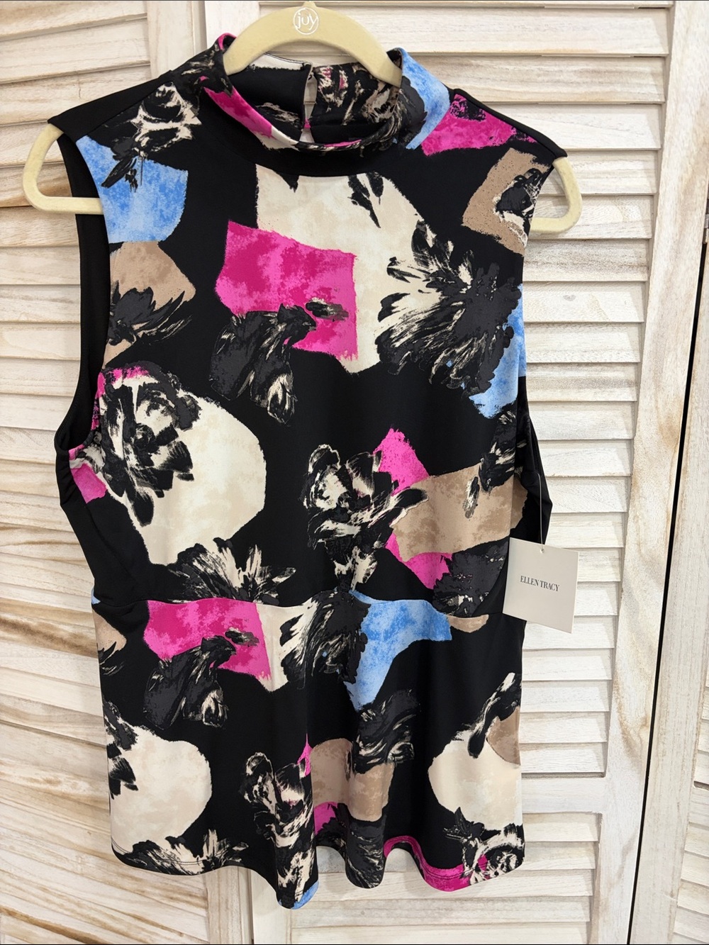 Ellen Tracy Black Mock Neck Tank with Pink, Blue & Tan Abstract Print